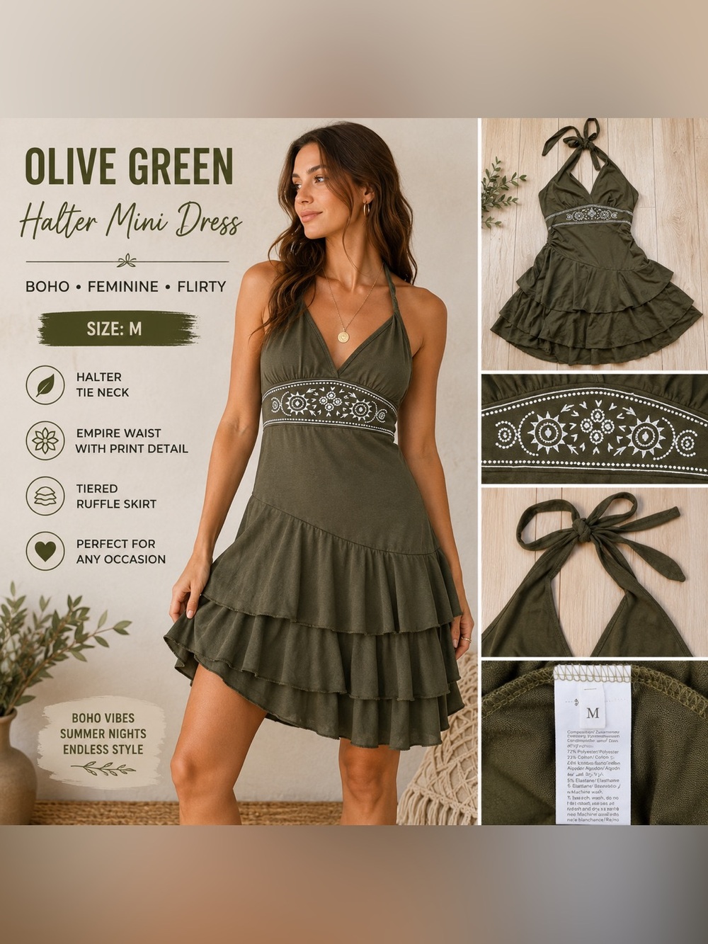 Olive Green Halter Mini Dress M Boho Ruffle Tiered Babydoll Bandana Print Y2K